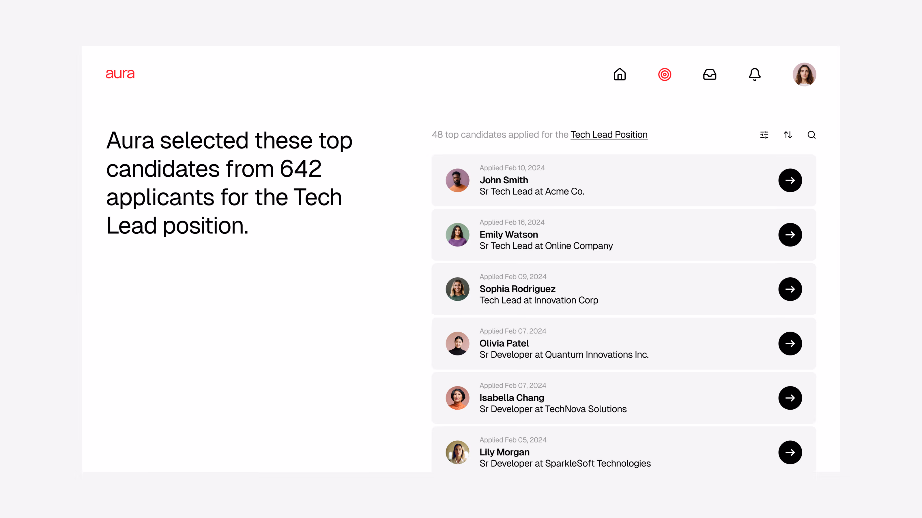 Aura — AI-curated candidate results for Tech Lead position